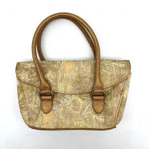 Vintage 00s Y2K Sunny Hawaii Beige Floral Canvas Bronze Double Handle Clutch